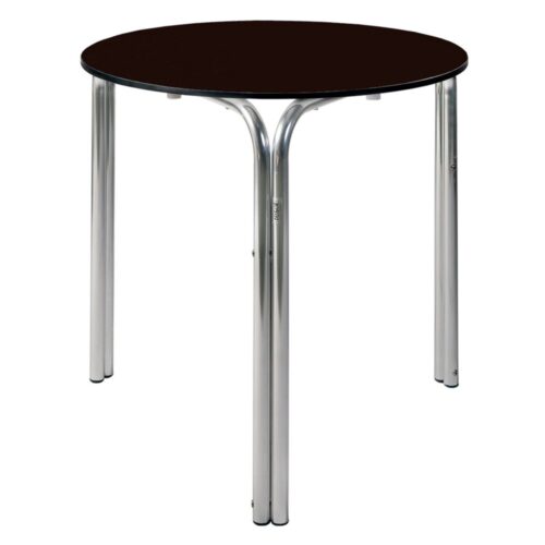 OLA3 Table ronde pour l'extérieur. Structure en tubes d'aluminium brillant, plateau en compact phélonique. Empilable.