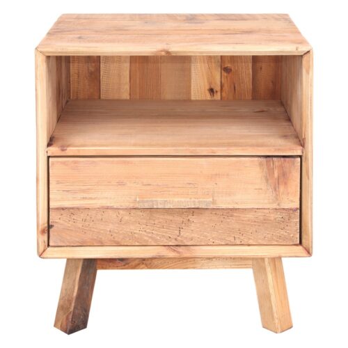 TABLE DE NUIT MENDOZA en bois de pin recyclé | Trouvez-la chez Mister Wils. Plus de 4000m² d'exposition...1