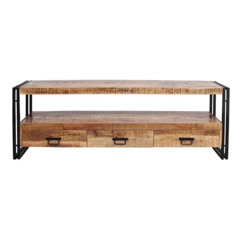 NEPTUNO Meuble TV bas, style industriel avec structure en acier, finition vernis transparent, plateau et tiroirs en bois tropical. Trouvez-le chez Mister Wils. Tables, chaises, canapés, tabourets, étagères, plantes artificielles…1