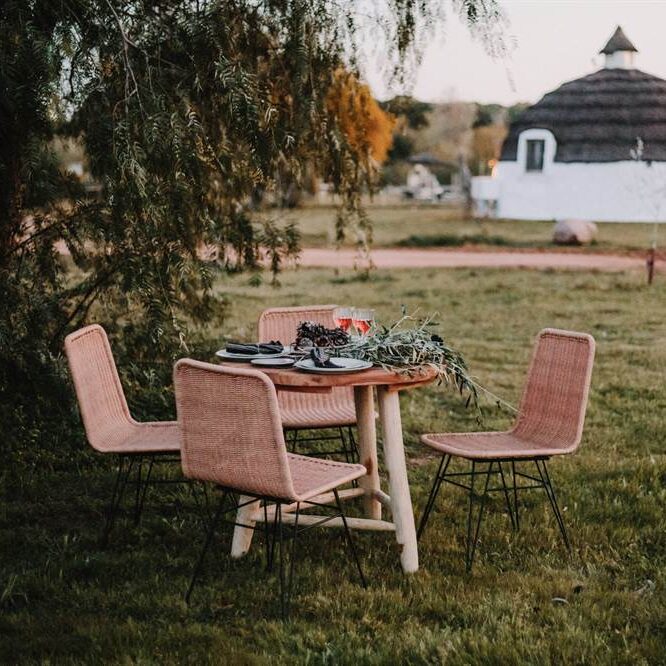 misterwils-session-photo-ambiance-millery-homely HOMELY Chaise de style scandinave avec structure en tubes d'acier, dossier et assise en rotin synthétique. Adapté pour un usage extérieur. Finition couleur naturelle | Trouvez-la chez Mister Wils. Plus de 4000m² d'exposition. Buffets, étagères, luminaires, tables, chaises, canapés et banquettes, tabourets, ventilateurs, plantes artificielles...