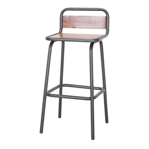 TABOURET HAUT MÉTAL ET BOIS ANKARA style industriel, finition laqué transparent, assise et dossier en bois tropical. 1